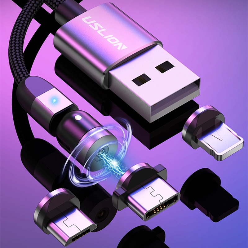 Xoay thứ 2 540 Xoay Micro USB loại C Cáp sạc từ Nylon Bện từ tínhnhanh sạc cáp USB